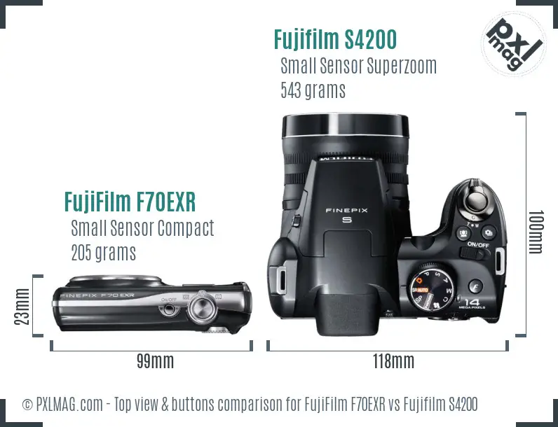 FujiFilm F70EXR vs Fujifilm S4200 top view buttons comparison FujiFilm F70EXR vs Fujifilm S4200 top view buttons comparison