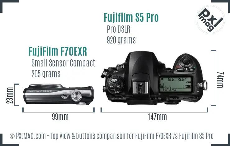 FujiFilm F70EXR vs Fujifilm S5 Pro top view buttons comparison