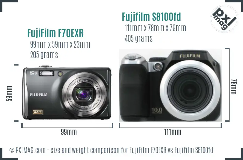 FujiFilm F70EXR vs Fujifilm S8100fd size comparison