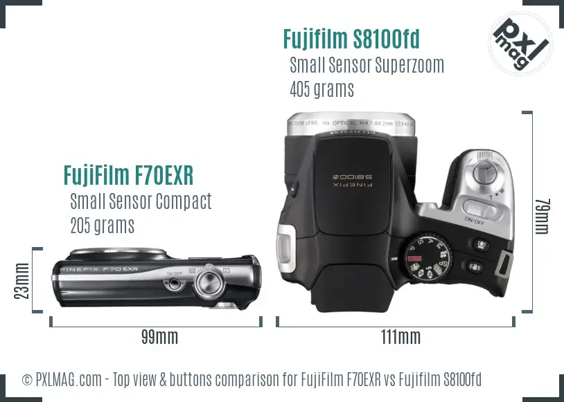 FujiFilm F70EXR vs Fujifilm S8100fd top view buttons comparison