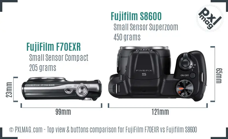 FujiFilm F70EXR vs Fujifilm S8600 top view buttons comparison