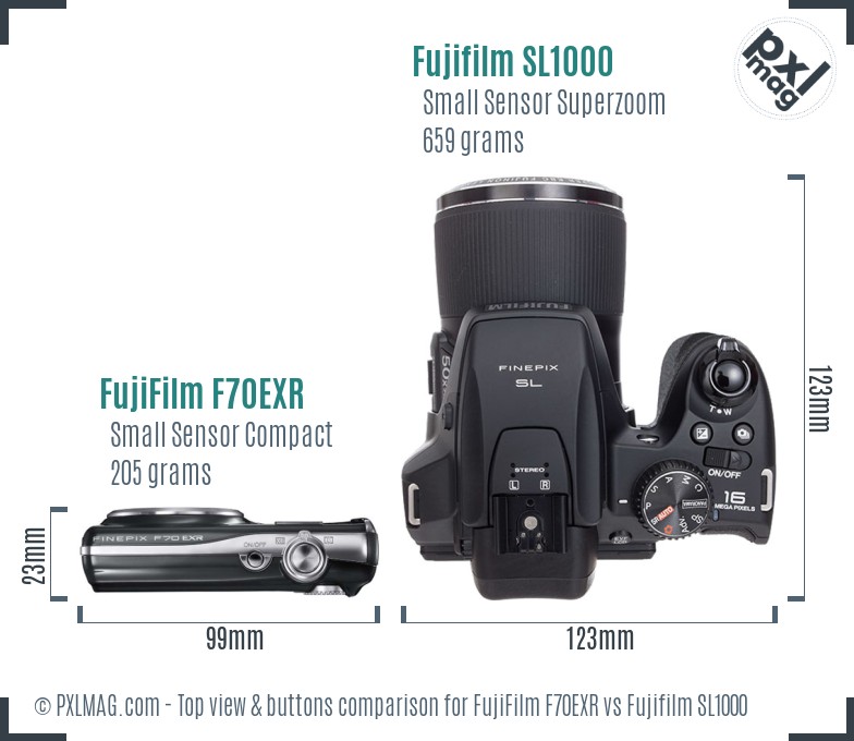 FujiFilm F70EXR vs Fujifilm SL1000 top view buttons comparison