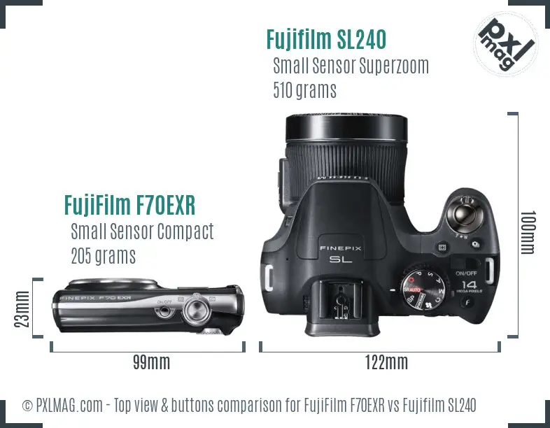 FujiFilm F70EXR vs Fujifilm SL240 top view buttons comparison