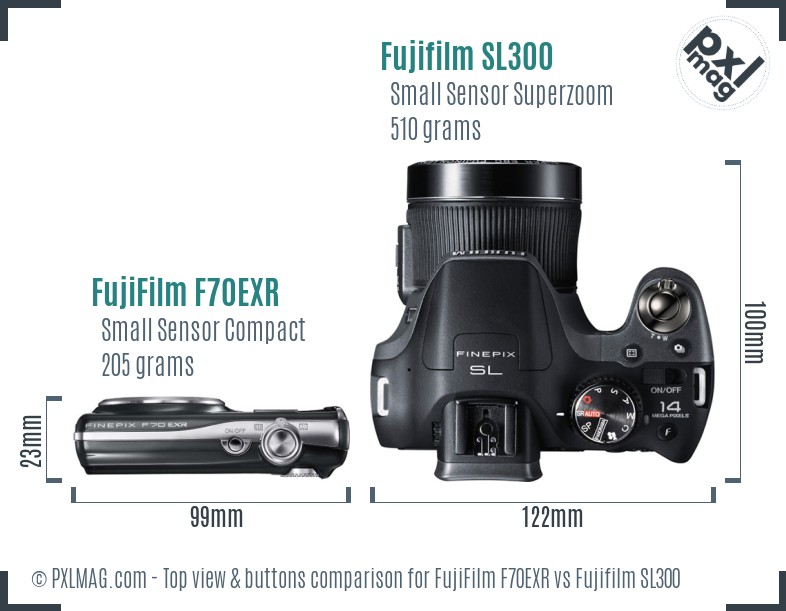 FujiFilm F70EXR vs Fujifilm SL300 top view buttons comparison