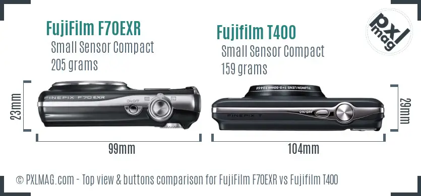 FujiFilm F70EXR vs Fujifilm T400 top view buttons comparison