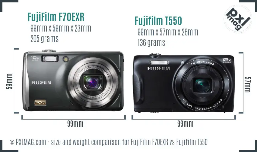 FujiFilm F70EXR vs Fujifilm T550 size comparison