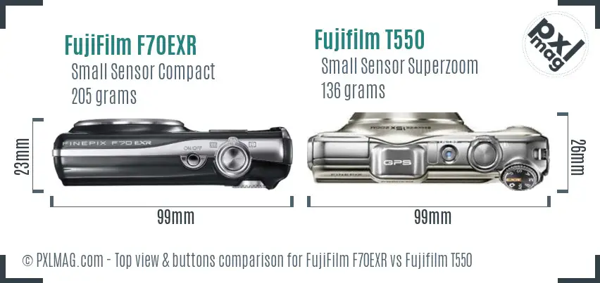 FujiFilm F70EXR vs Fujifilm T550 top view buttons comparison