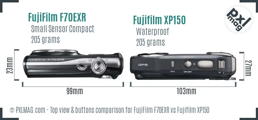FujiFilm F70EXR vs Fujifilm XP150 top view buttons comparison