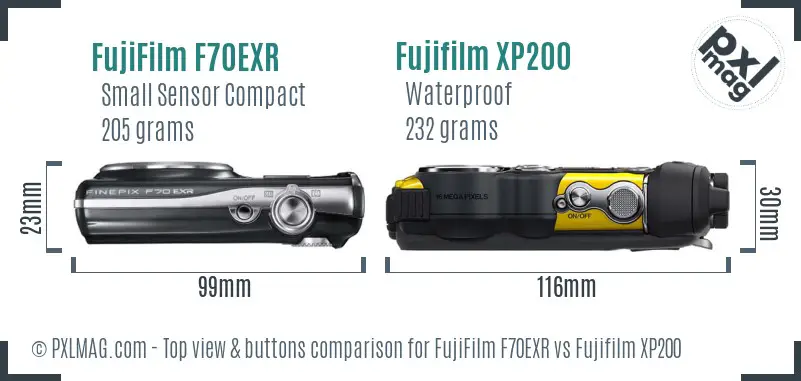 FujiFilm F70EXR vs Fujifilm XP200 top view buttons comparison FujiFilm F70EXR vs Fujifilm XP200 top view buttons comparison
