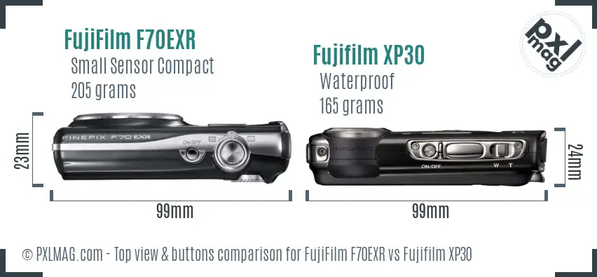 FujiFilm F70EXR vs Fujifilm XP30 top view buttons comparison