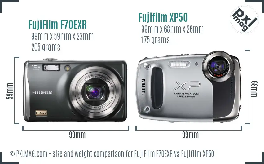 FujiFilm F70EXR vs Fujifilm XP50 size comparison