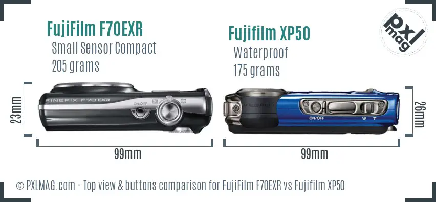 FujiFilm F70EXR vs Fujifilm XP50 top view buttons comparison