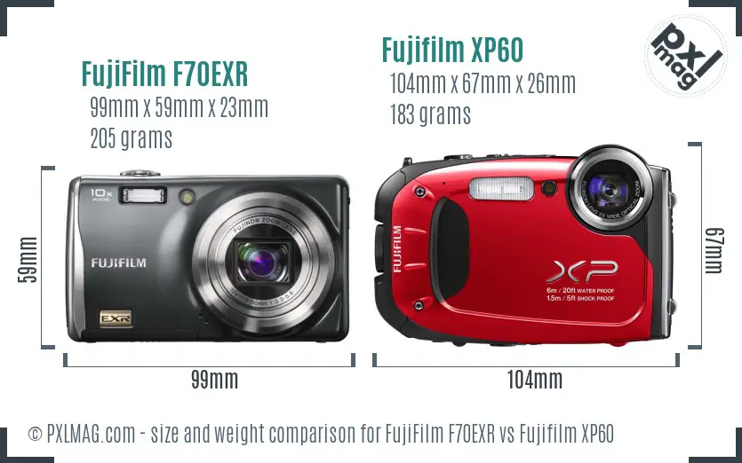 FujiFilm F70EXR vs Fujifilm XP60 size comparison FujiFilm F70EXR vs Fujifilm XP60 size comparison