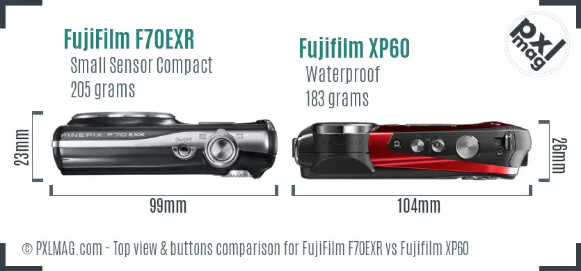 FujiFilm F70EXR vs Fujifilm XP60 top view buttons comparison FujiFilm F70EXR vs Fujifilm XP60 top view buttons comparison