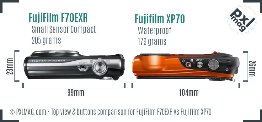FujiFilm F70EXR vs Fujifilm XP70 top view buttons comparison