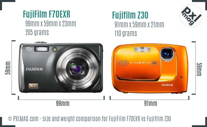 FujiFilm F70EXR vs Fujifilm Z30 size comparison
