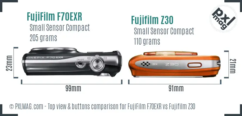 FujiFilm F70EXR vs Fujifilm Z30 top view buttons comparison