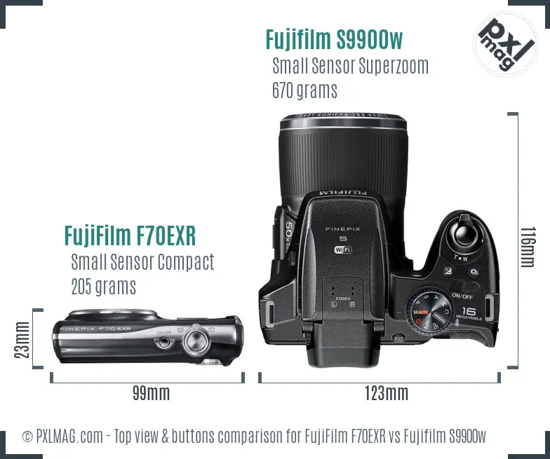 FujiFilm F70EXR vs Fujifilm S9900w top view buttons comparison