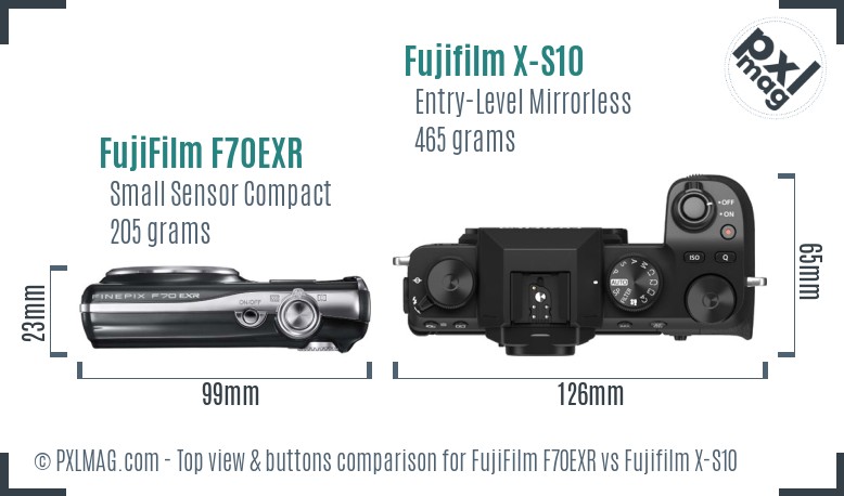 FujiFilm F70EXR vs Fujifilm X-S10 top view buttons comparison