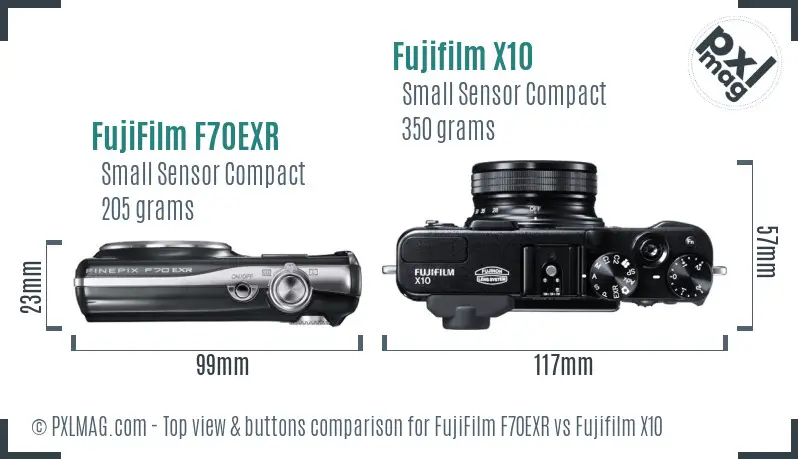 FujiFilm F70EXR vs Fujifilm X10 top view buttons comparison FujiFilm F70EXR vs Fujifilm X10 top view buttons comparison