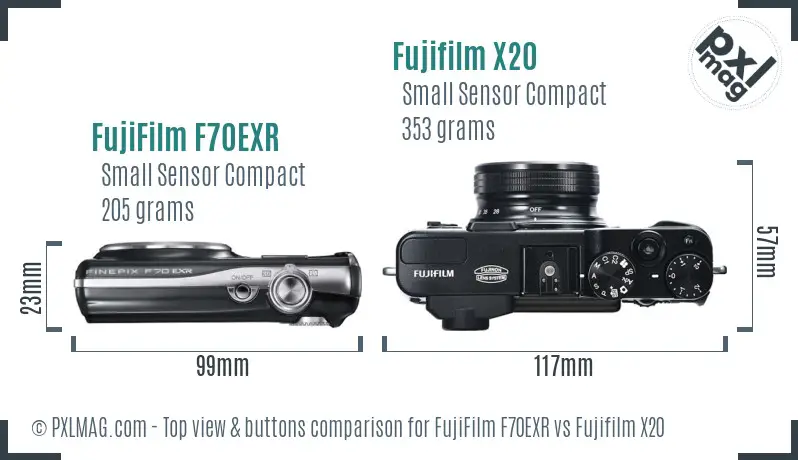 FujiFilm F70EXR vs Fujifilm X20 top view buttons comparison