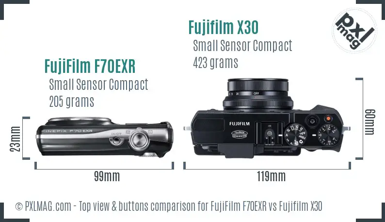 FujiFilm F70EXR vs Fujifilm X30 top view buttons comparison