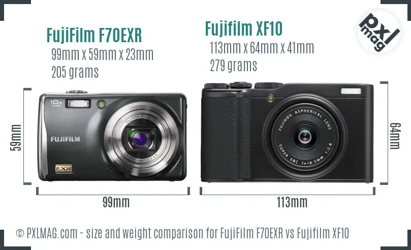 FujiFilm F70EXR vs Fujifilm XF10 size comparison