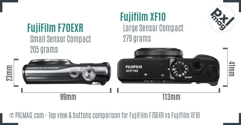 FujiFilm F70EXR vs Fujifilm XF10 top view buttons comparison