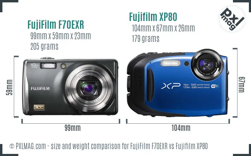 FujiFilm F70EXR vs Fujifilm XP80 size comparison FujiFilm F70EXR vs Fujifilm XP80 size comparison