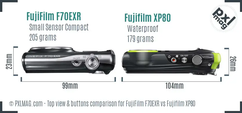 FujiFilm F70EXR vs Fujifilm XP80 top view buttons comparison FujiFilm F70EXR vs Fujifilm XP80 top view buttons comparison
