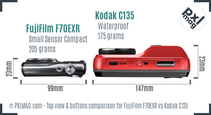 FujiFilm F70EXR vs Kodak C135 top view buttons comparison