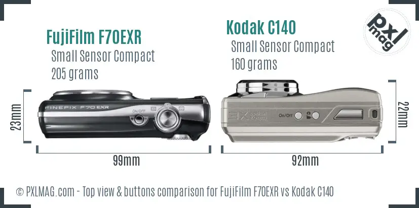 FujiFilm F70EXR vs Kodak C140 top view buttons comparison