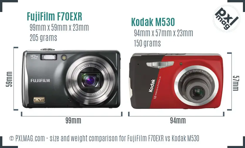 FujiFilm F70EXR vs Kodak M530 size comparison