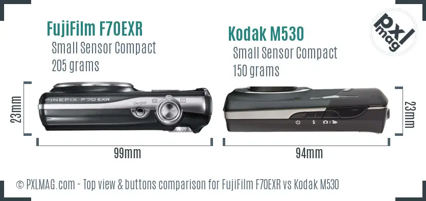 FujiFilm F70EXR vs Kodak M530 top view buttons comparison