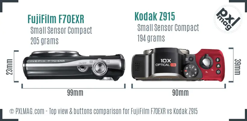 FujiFilm F70EXR vs Kodak Z915 top view buttons comparison