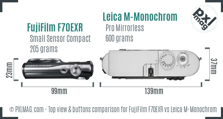 FujiFilm F70EXR vs Leica M-Monochrom top view buttons comparison