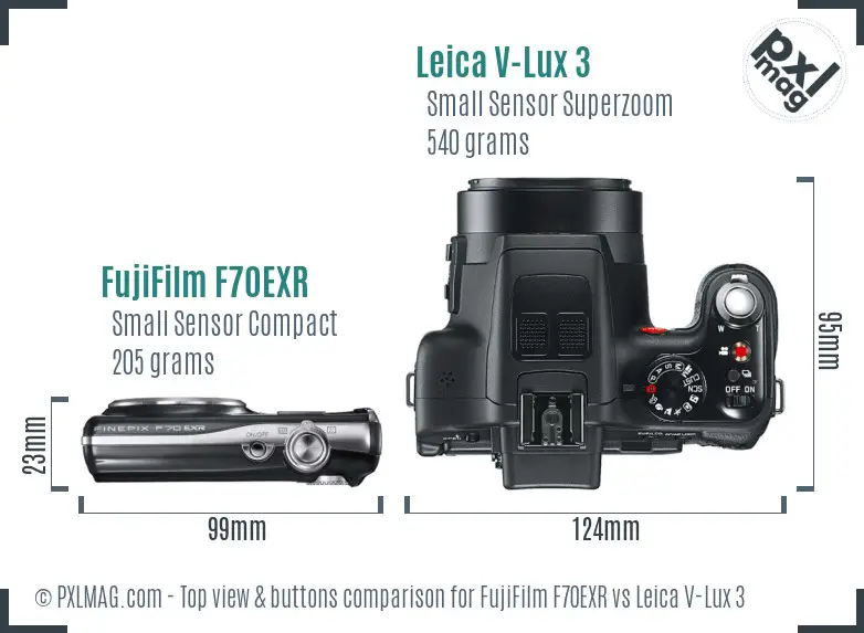 FujiFilm F70EXR vs Leica V-Lux 3 top view buttons comparison