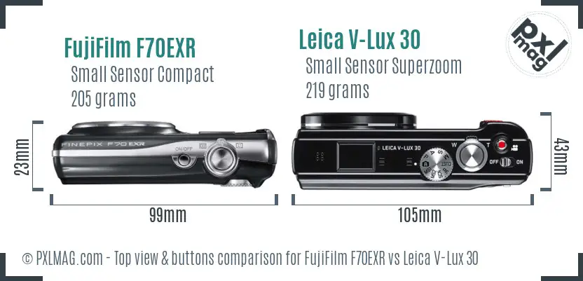 FujiFilm F70EXR vs Leica V-Lux 30 top view buttons comparison