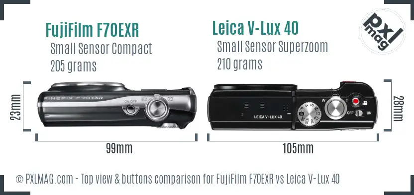 FujiFilm F70EXR vs Leica V-Lux 40 top view buttons comparison
