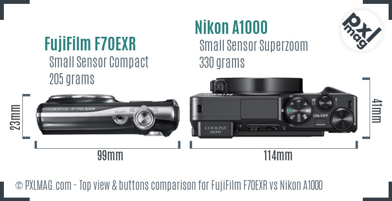FujiFilm F70EXR vs Nikon A1000 top view buttons comparison