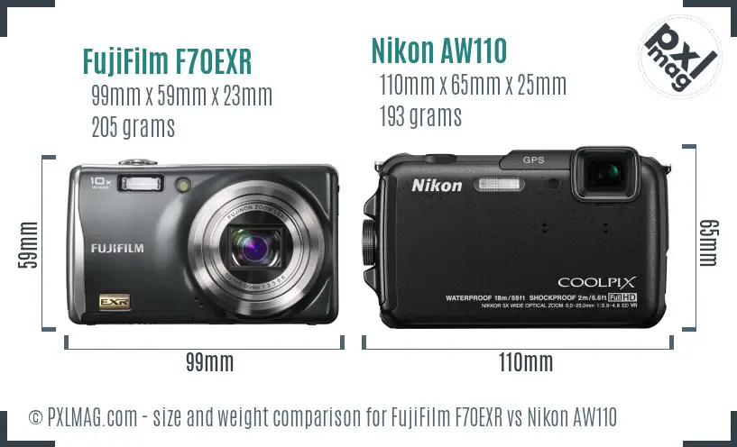 FujiFilm F70EXR vs Nikon AW110 size comparison