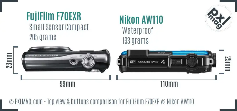 FujiFilm F70EXR vs Nikon AW110 top view buttons comparison