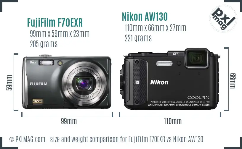 FujiFilm F70EXR vs Nikon AW130 size comparison
