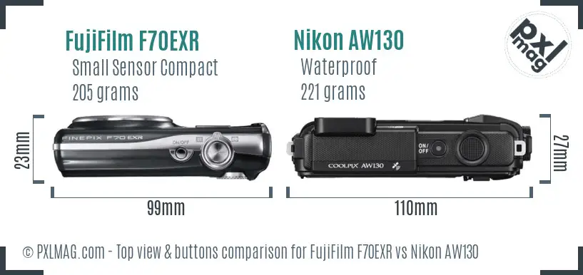 FujiFilm F70EXR vs Nikon AW130 top view buttons comparison