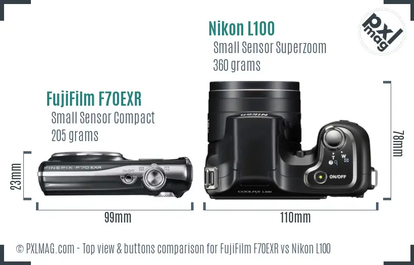 FujiFilm F70EXR vs Nikon L100 top view buttons comparison