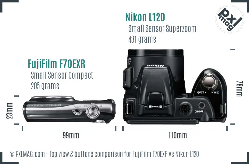 FujiFilm F70EXR vs Nikon L120 top view buttons comparison