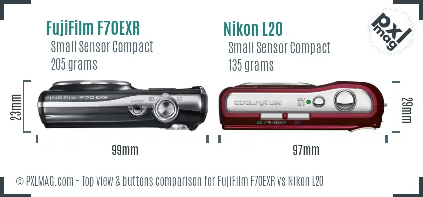 FujiFilm F70EXR vs Nikon L20 top view buttons comparison FujiFilm F70EXR vs Nikon L20 top view buttons comparison