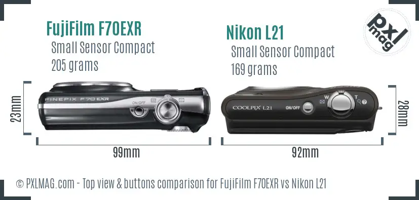 FujiFilm F70EXR vs Nikon L21 top view buttons comparison FujiFilm F70EXR vs Nikon L21 top view buttons comparison