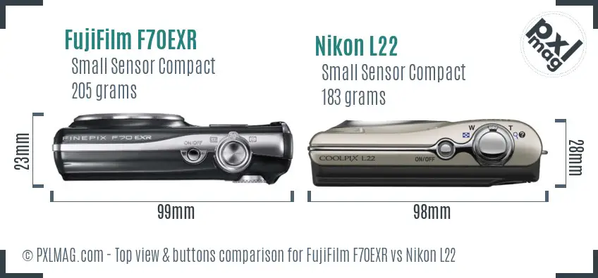 FujiFilm F70EXR vs Nikon L22 top view buttons comparison