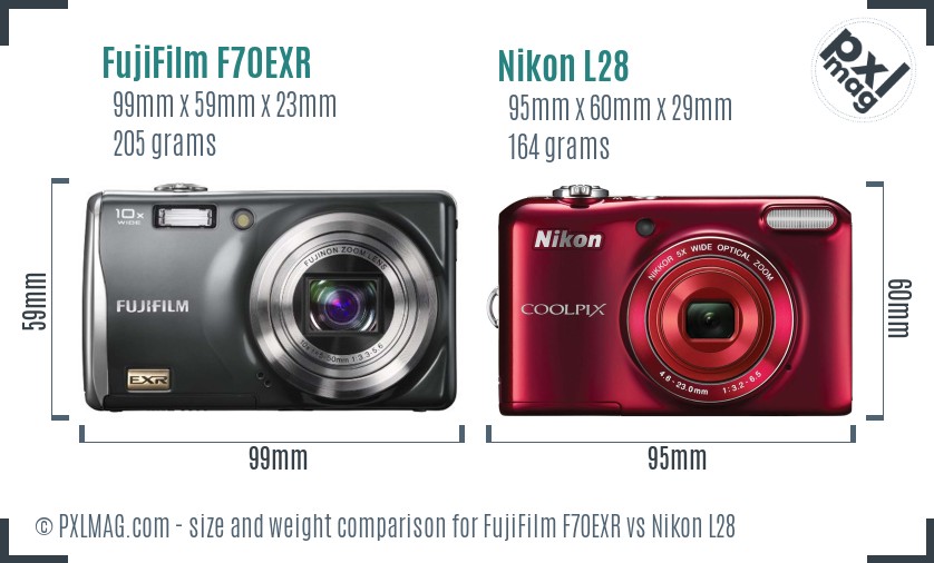 FujiFilm F70EXR vs Nikon L28 size comparison FujiFilm F70EXR vs Nikon L28 size comparison